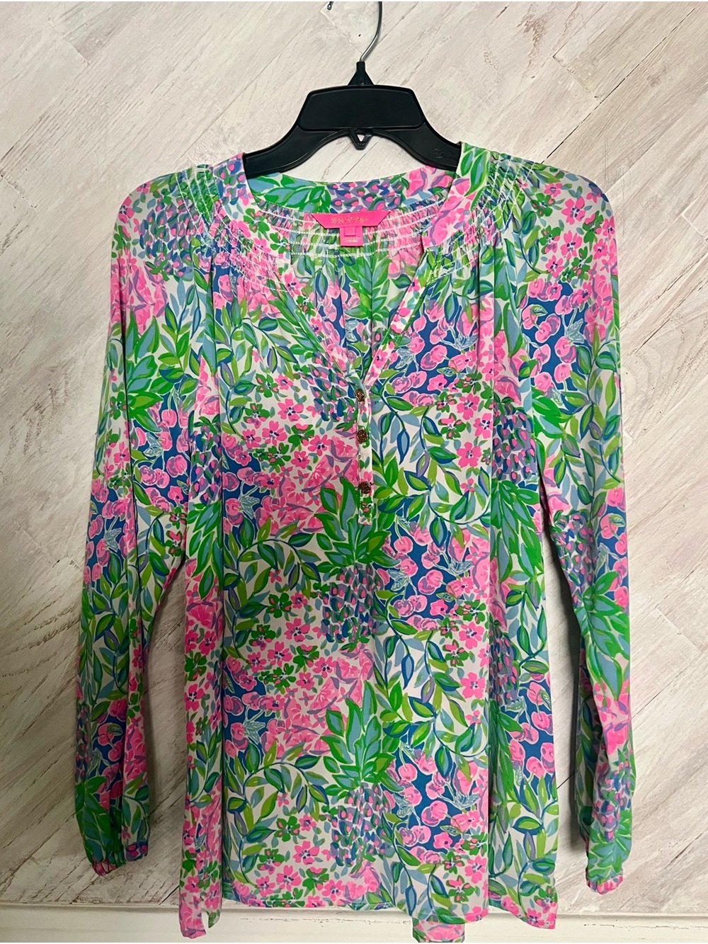 Lilly Pulitzer Pink & Green Floral Henley Blouse